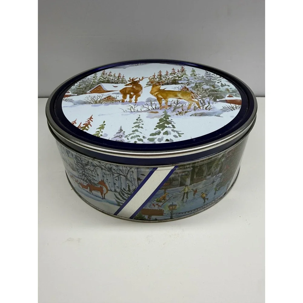 Sam's Choice Winter Deer Holiday Cookie Tin Large Round Metal Storage 10 inch